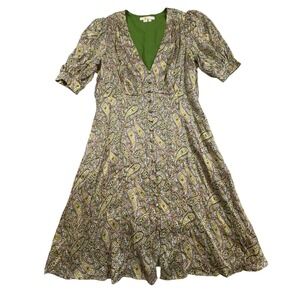 Boden Button Front Tea Dress‎ Green Pink Paisley Print Short Sleeve 12 12R